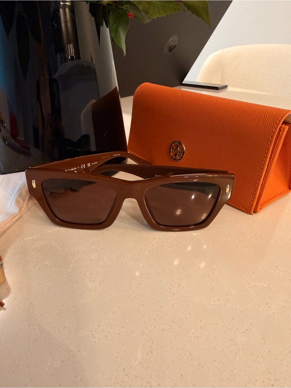 Tory Burch Brown Rectangular Sunglasses with Orange Case